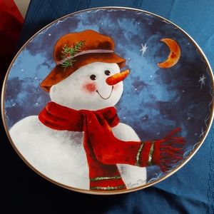 Vintage Elaine Thompson Ceramic Snowman Platter Signed 1997 Frosty Snowman Moon